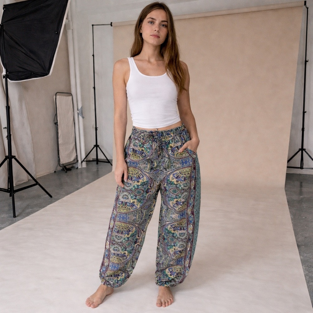 100% Silk Womens Size M Multicolor Paisley Harem Jogger Boho Pant